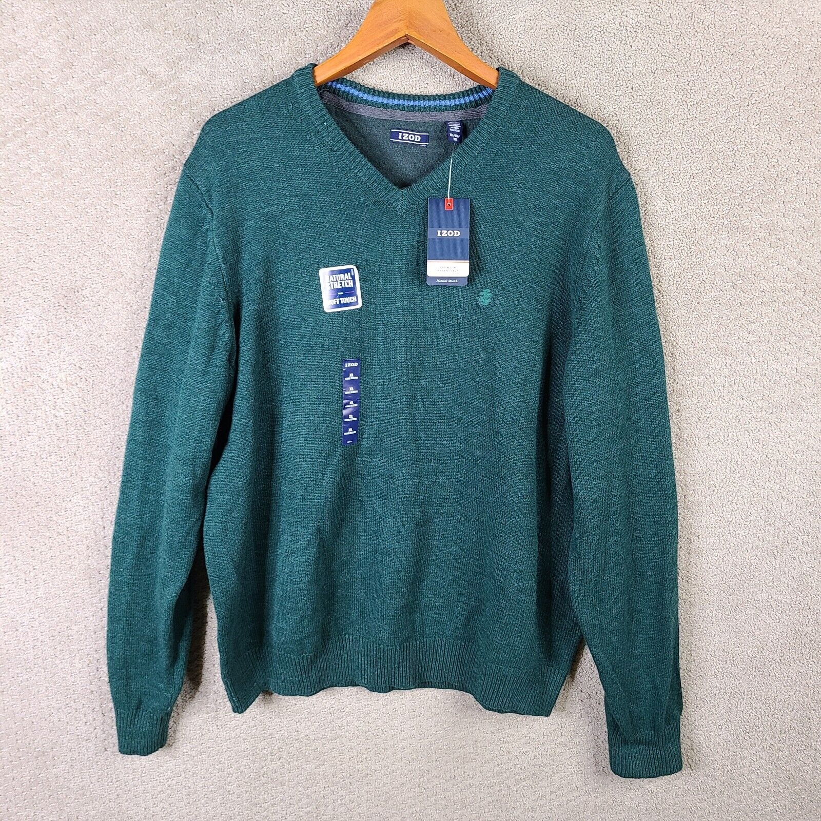 Izod Sweater Mens Xl Green Pullover V Neck Soft Touch Cotton Blend New
